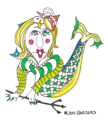 Colorful print of Marmalade the Mermaid that is featured on the front of this card.