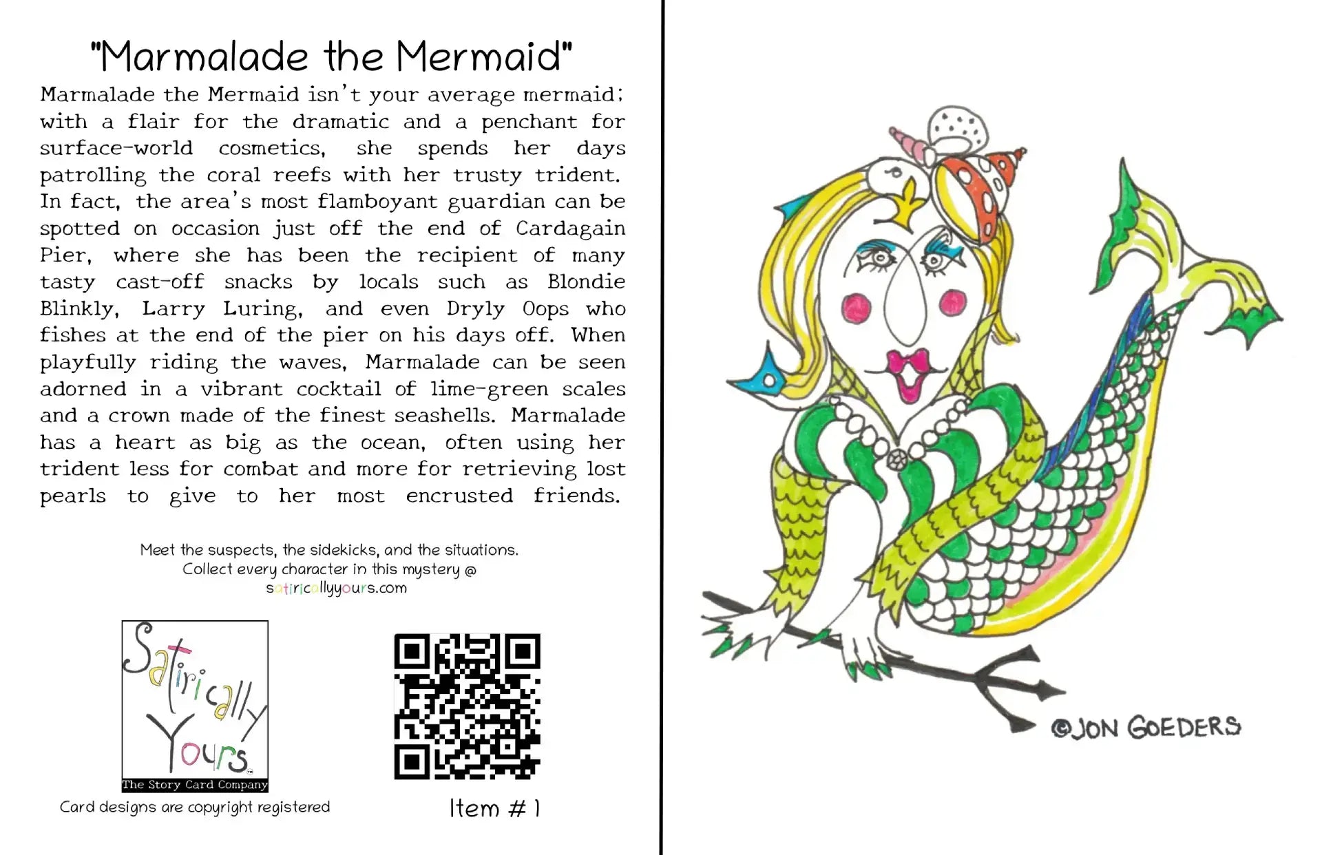Colorful print of Marmalade the Mermaid on the cover of the card, with the mysterious story involving  Marmalade in Cardagain Heights.