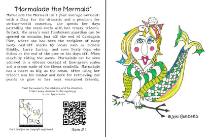 Colorful print of Marmalade the Mermaid on the cover of the card, with the mysterious story involving  Marmalade in Cardagain Heights.